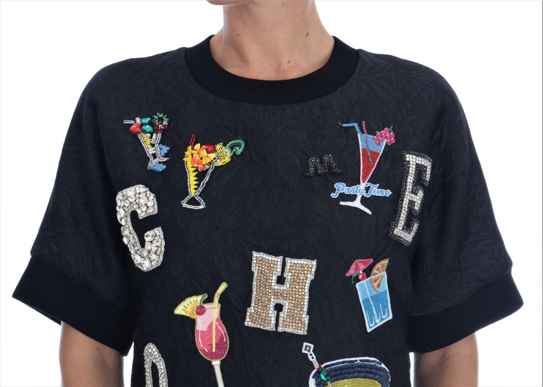 Dolce &amp; Gabbana Schwarzer Brokat-Pullover mit Cocktailkristallen