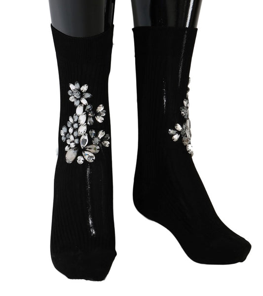 Dolce &amp; Gabbana Chaussettes tricotées noires à fleurs et cristaux transparents