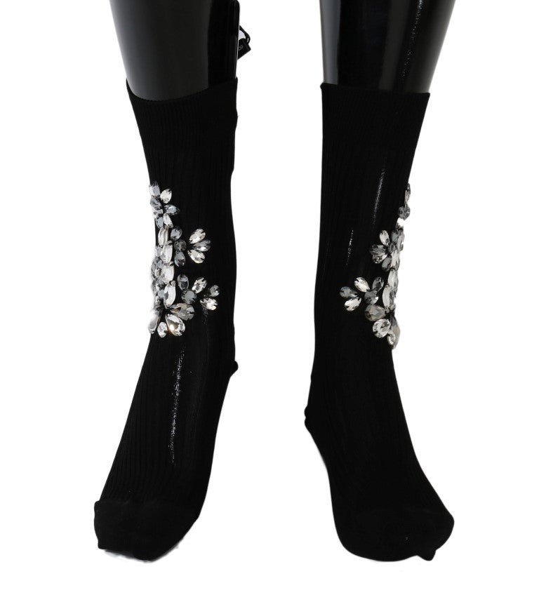 Dolce &amp; Gabbana Chaussettes tricotées noires à fleurs et cristaux transparents