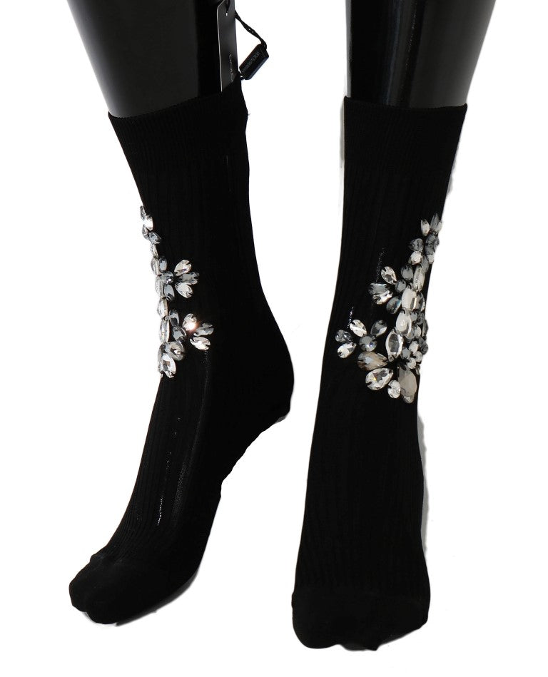 Dolce &amp; Gabbana Chaussettes tricotées noires à fleurs et cristaux transparents