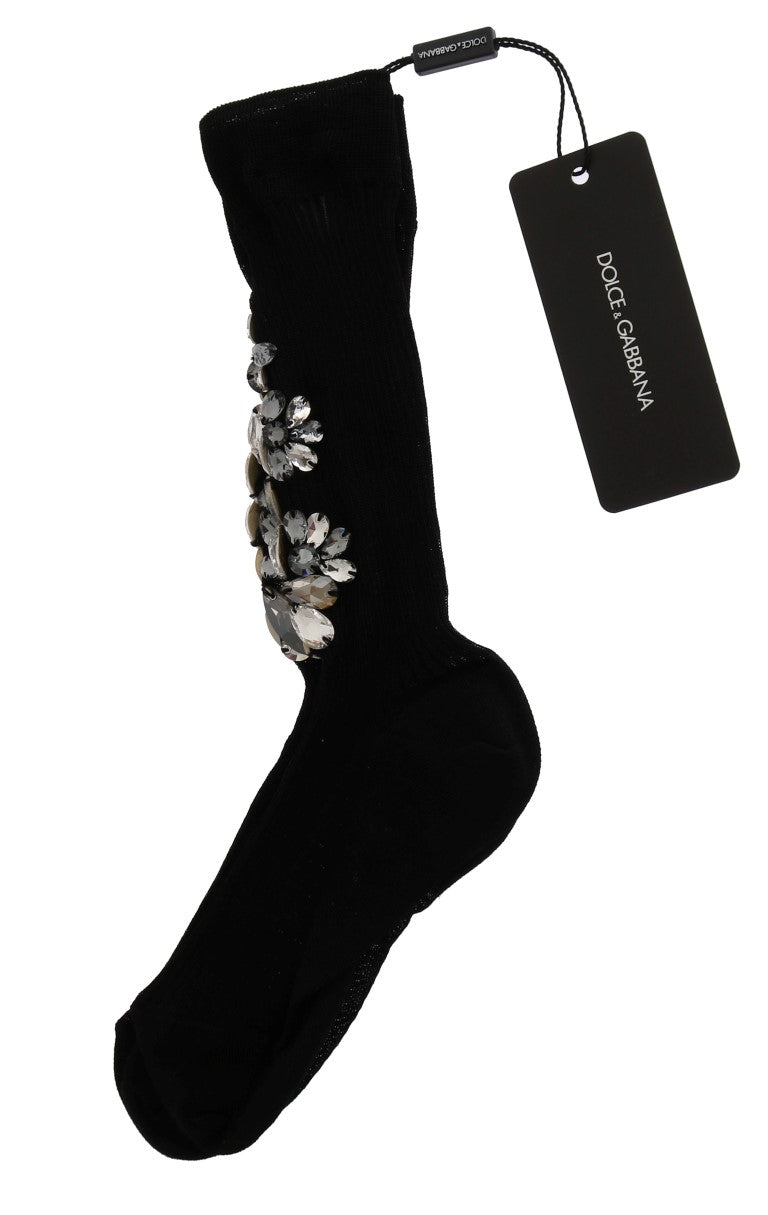 Dolce &amp; Gabbana Chaussettes tricotées noires à fleurs et cristaux transparents