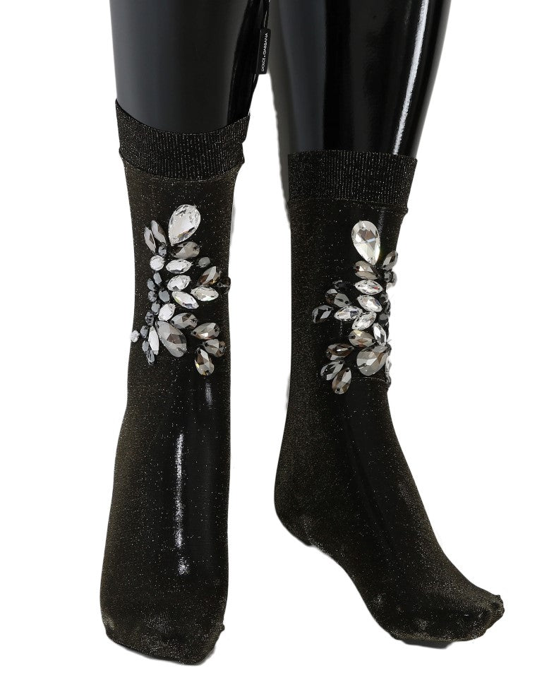 Dolce &amp; Gabbana Schwarze Stretch-Socken mit Blumenmuster und klarem Kristall