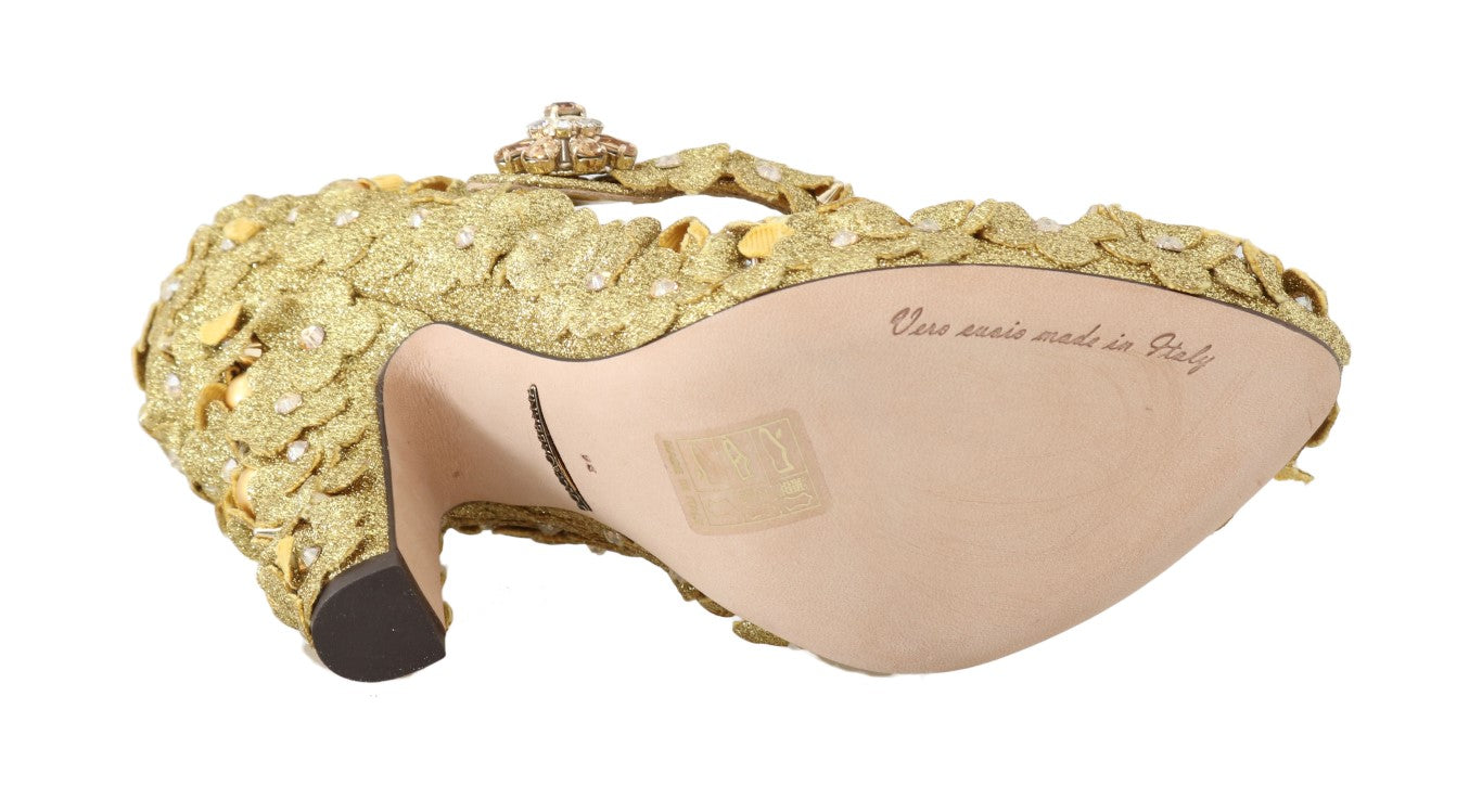 Dolce &amp; Gabbana Goldfarbene Mary Janes-Pumps mit Blumenmuster und Kristallen