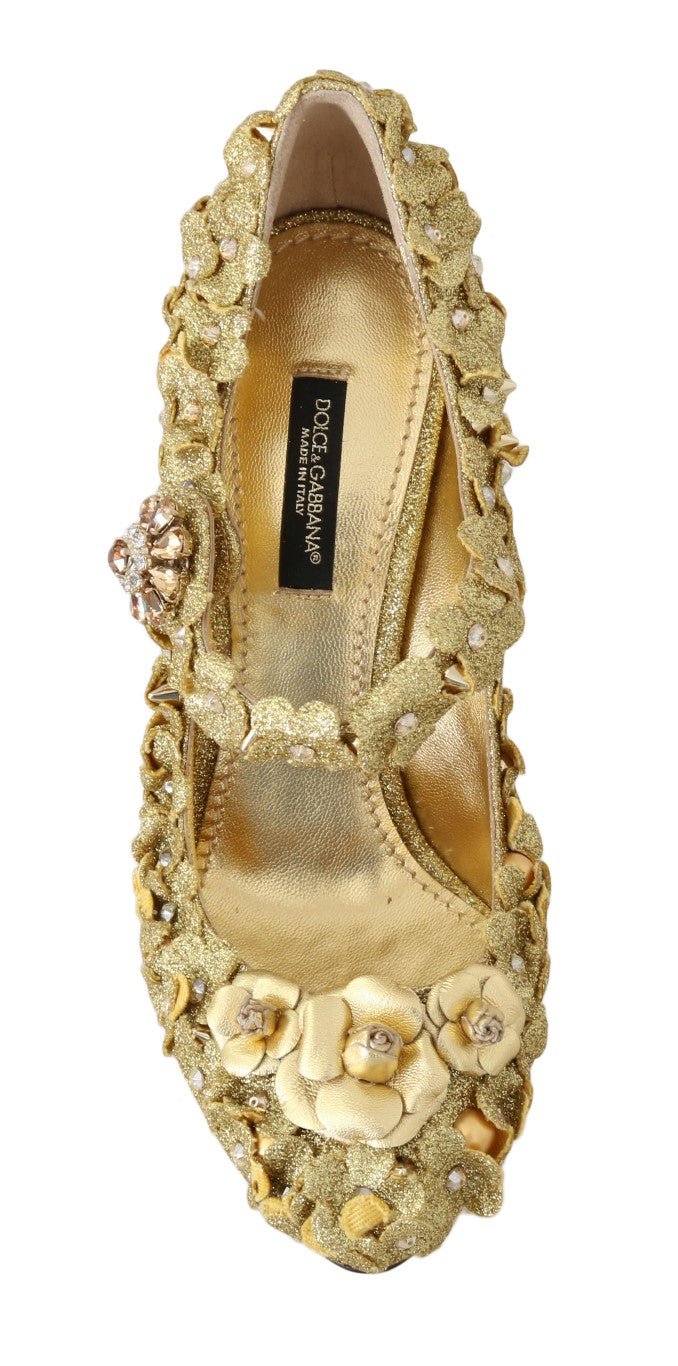 Dolce &amp; Gabbana Goldfarbene Mary Janes-Pumps mit Blumenmuster und Kristallen