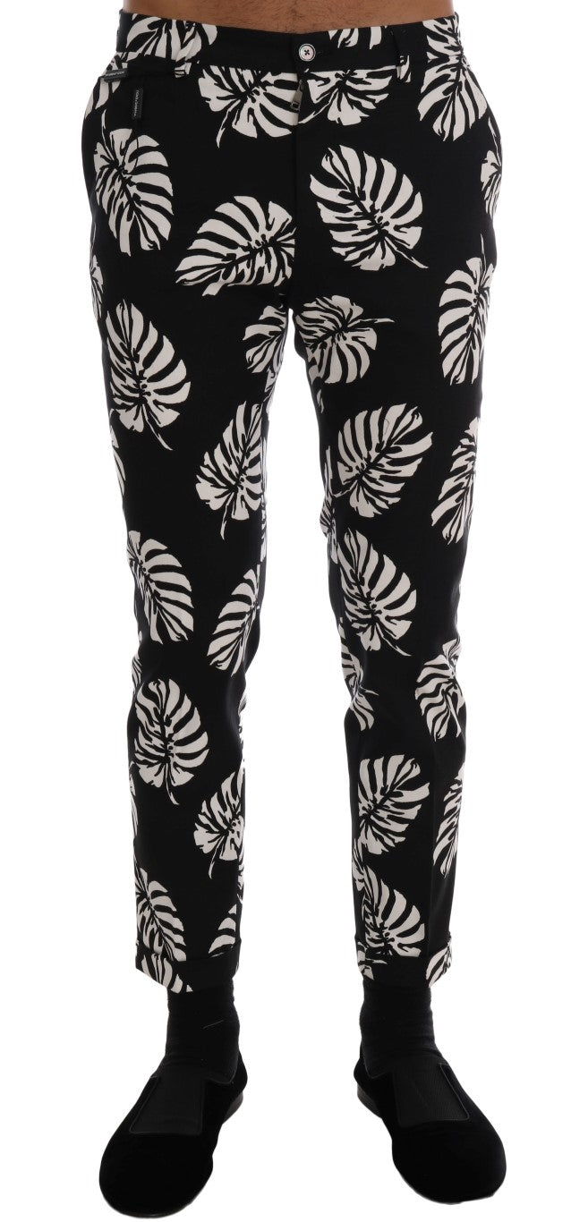 Dolce &amp; Gabbana Pantalon slim stretch en coton blanc et noir à feuilles