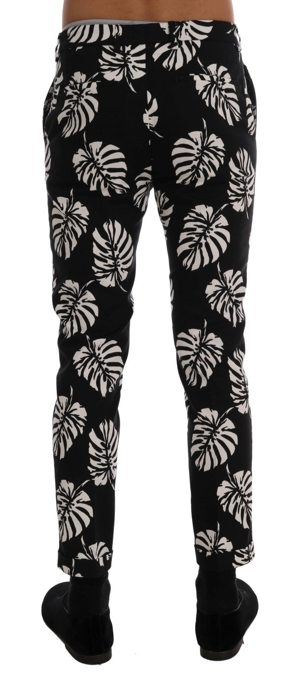 Dolce &amp; Gabbana Pantalon slim stretch en coton blanc et noir à feuilles