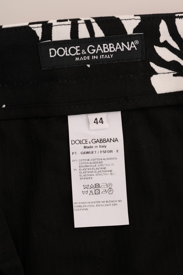 Dolce &amp; Gabbana Pantalon slim stretch en coton blanc et noir à feuilles