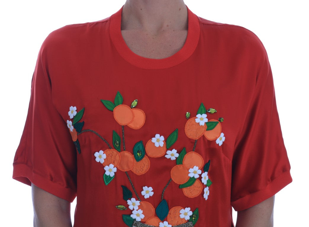 Dolce &amp; Gabbana Blouse en cristal floral oranges en soie rouge