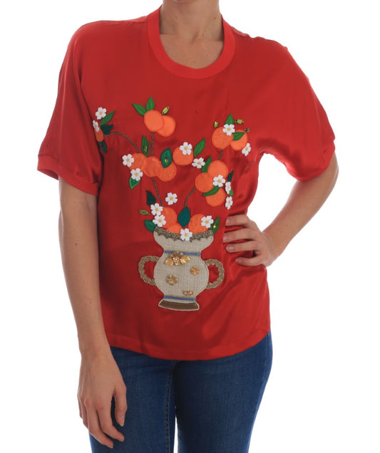 Dolce &amp; Gabbana Blouse en cristal floral oranges en soie rouge