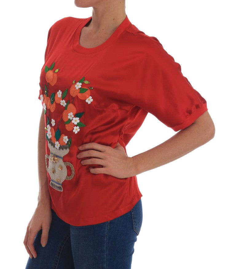 Dolce &amp; Gabbana Blouse en cristal floral oranges en soie rouge