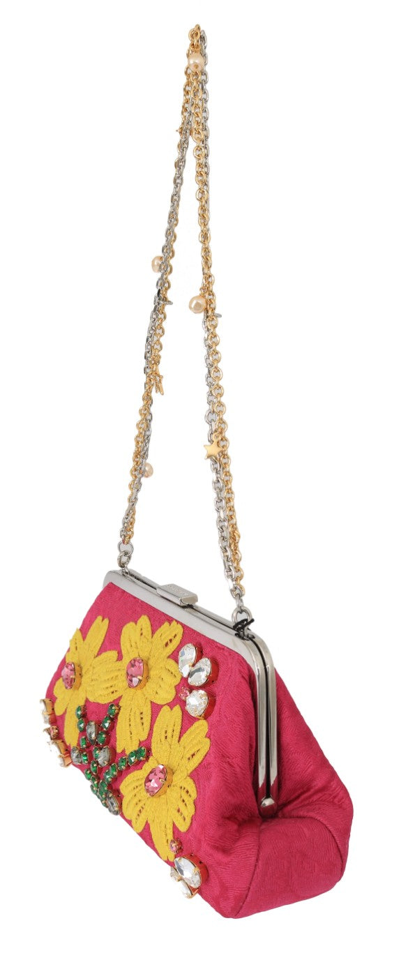 Dolce &amp; Gabbana Sac à main de soirée en brocart rose avec appliques de cristaux floraux