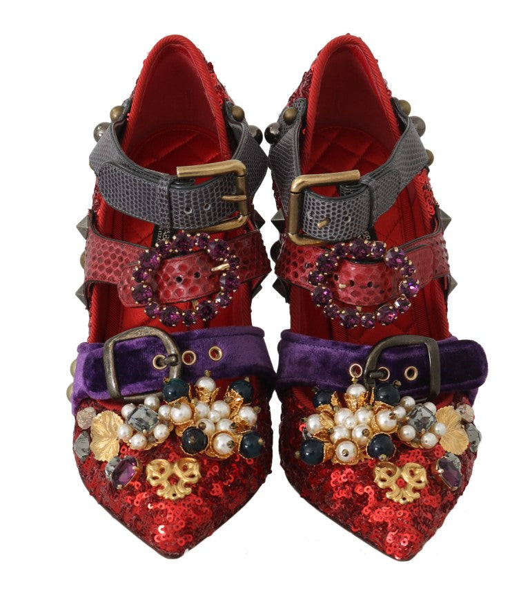 Dolce &amp; Gabbana Rote Pailletten-Kristallnieten-Absatzschuhe