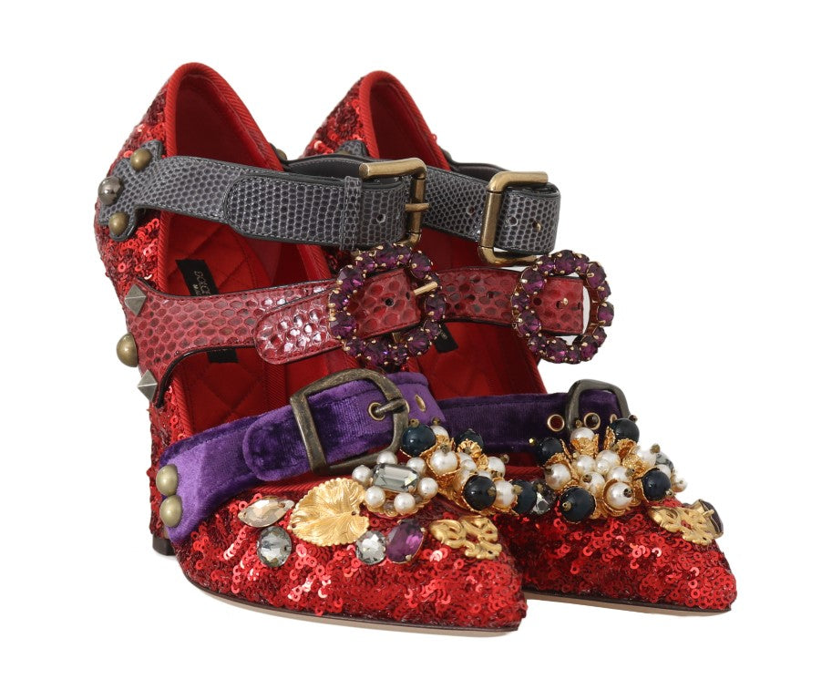 Dolce &amp; Gabbana Rote Pailletten-Kristallnieten-Absatzschuhe