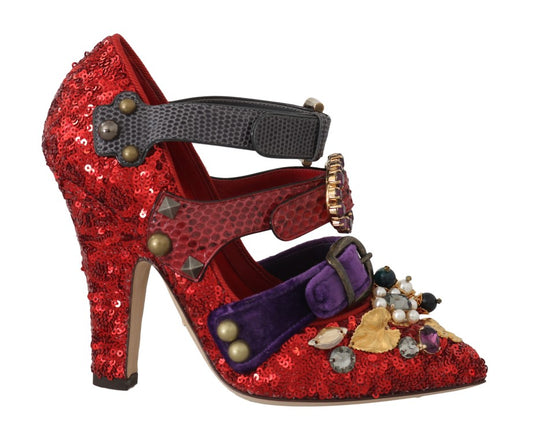 Dolce &amp; Gabbana Rote Pailletten-Kristallnieten-Absatzschuhe