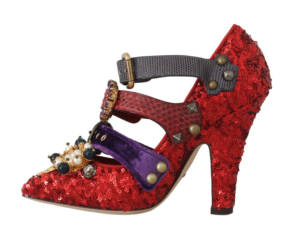 Dolce &amp; Gabbana Rote Pailletten-Kristallnieten-Absatzschuhe