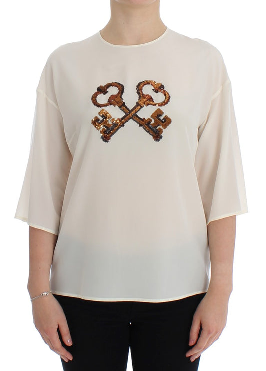 Dolce &amp; Gabbana Weißes T-Shirt-Oberteil mit Key-Seidenbluse und Pailletten