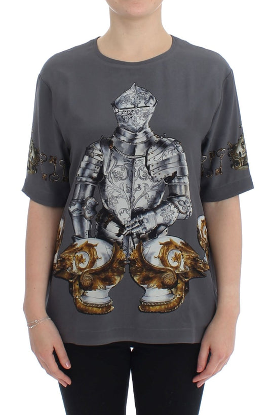 Dolce &amp; Gabbana Grey Knight Crown Print Seidenblusenoberteil