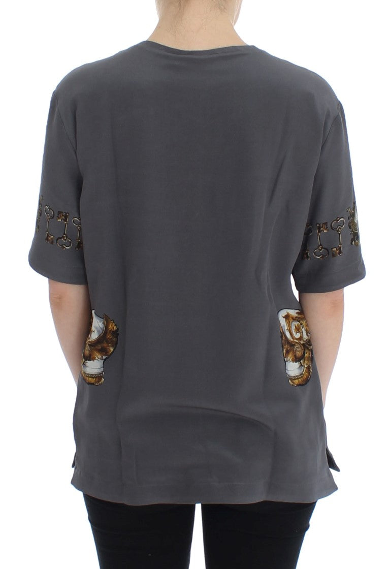 Dolce &amp; Gabbana Grey Knight Crown Print Seidenblusenoberteil