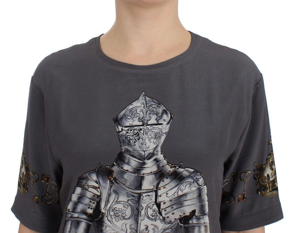 Dolce &amp; Gabbana Grey Knight Crown Print Seidenblusenoberteil