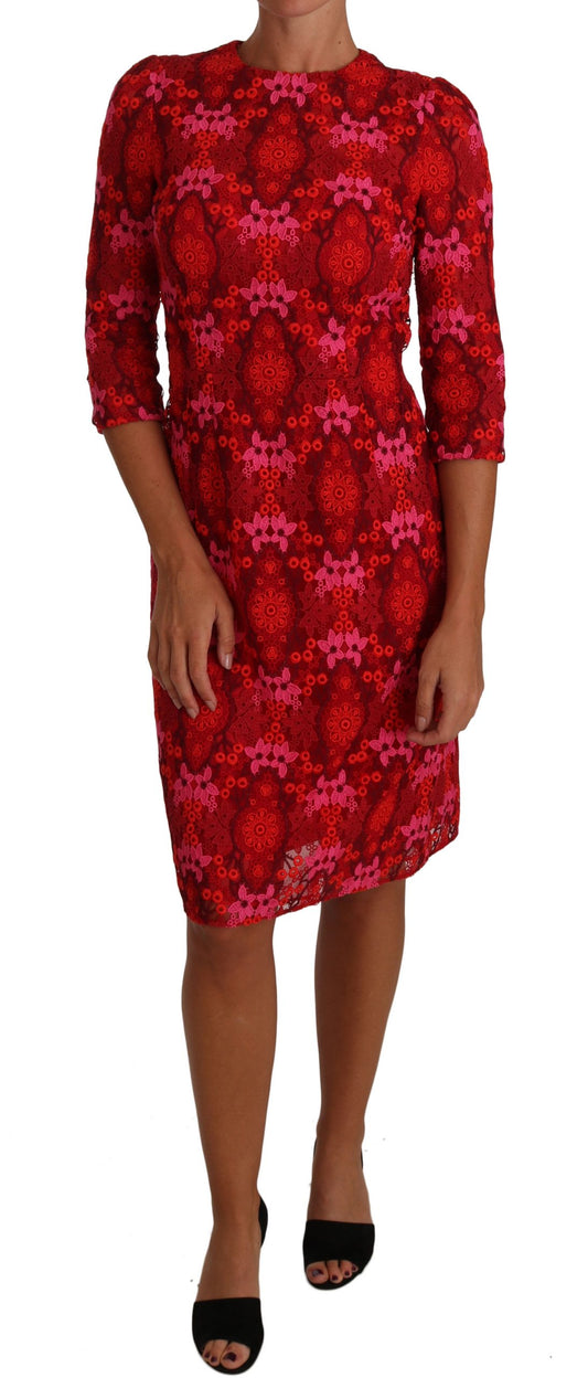 Dolce &amp; Gabbana Robe fourreau rose rouge en dentelle au crochet floral