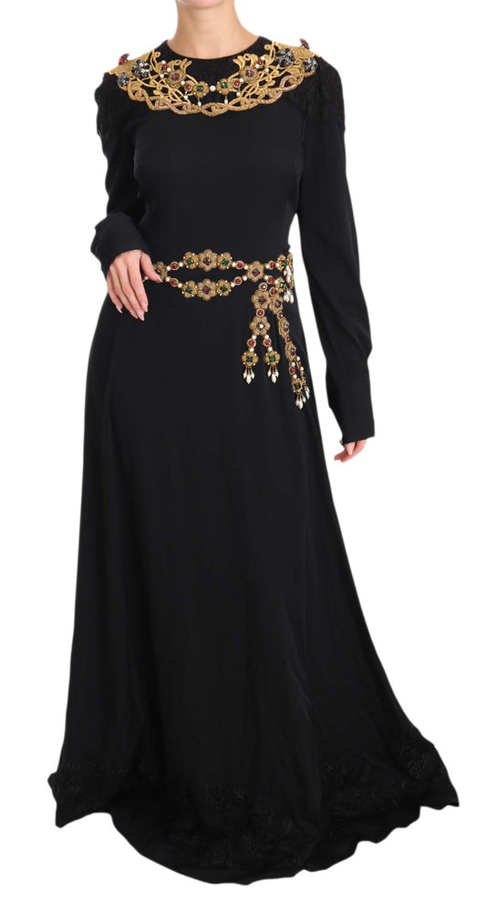 Dolce &amp; Gabbana Schwarzes Seiden-Stretch-Goldkristallkleid