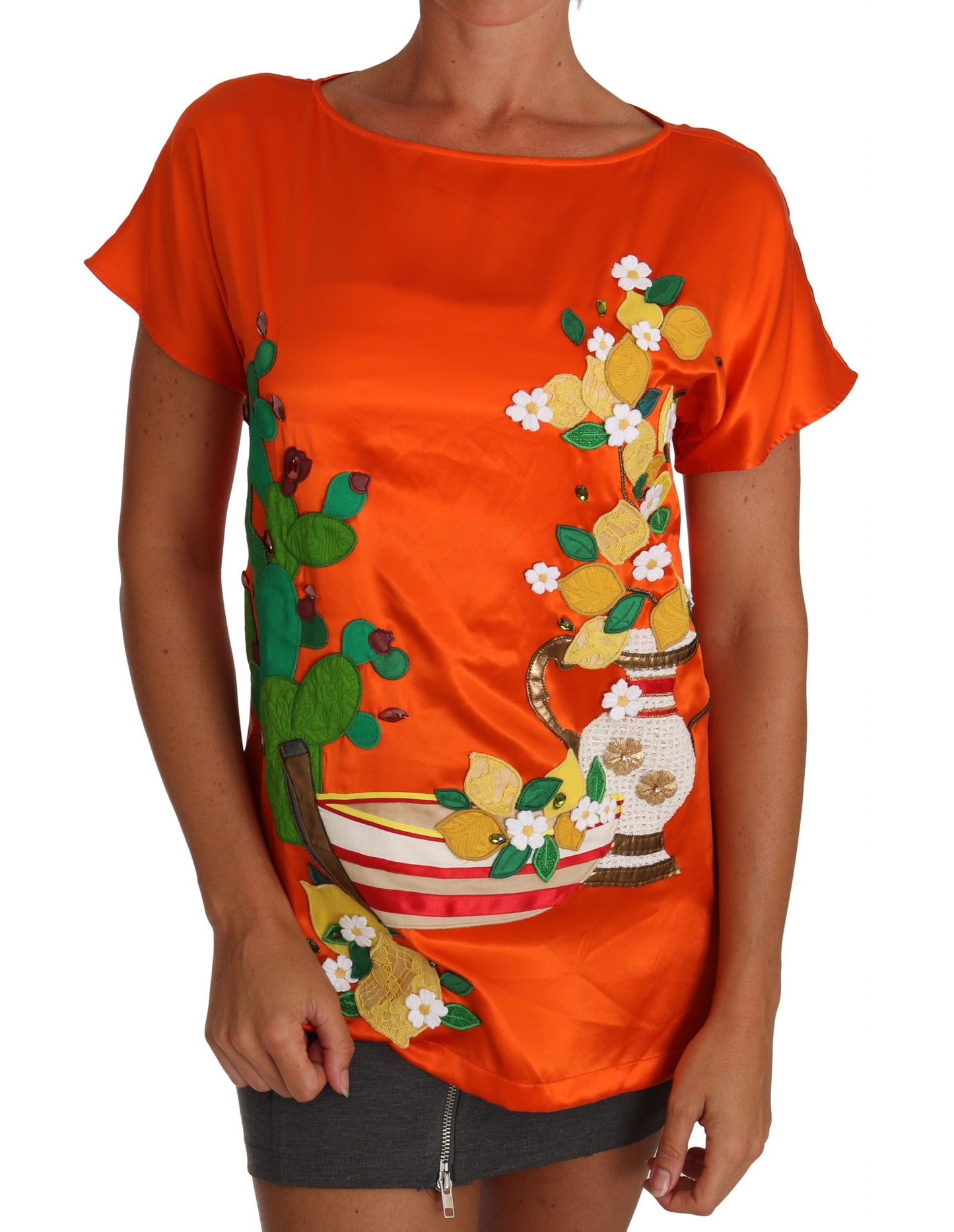 Dolce &amp; Gabbana T-Shirt-Oberteil aus Seide mit orangefarbenem Zitronenkristall