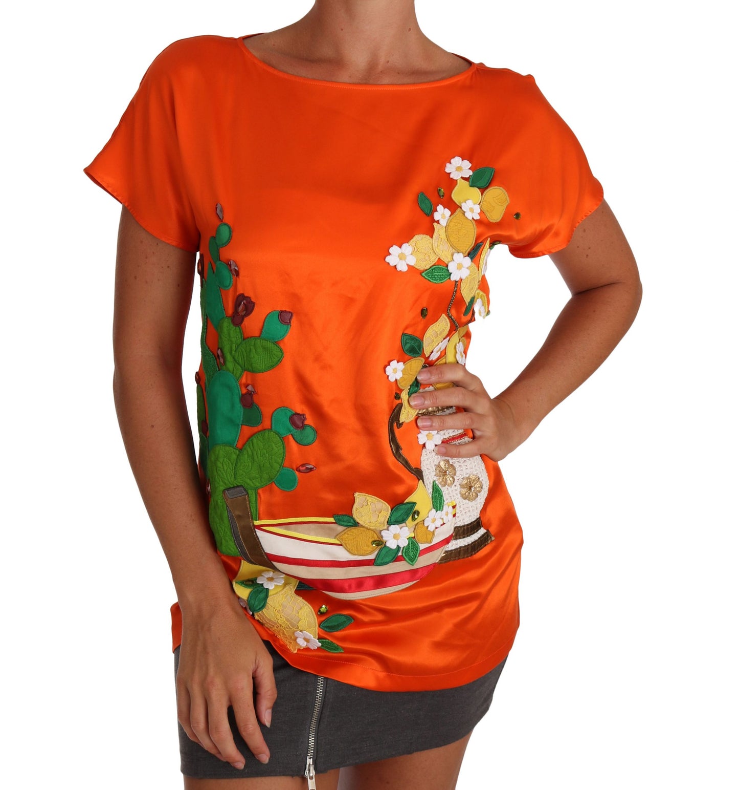 Dolce &amp; Gabbana T-Shirt-Oberteil aus Seide mit orangefarbenem Zitronenkristall