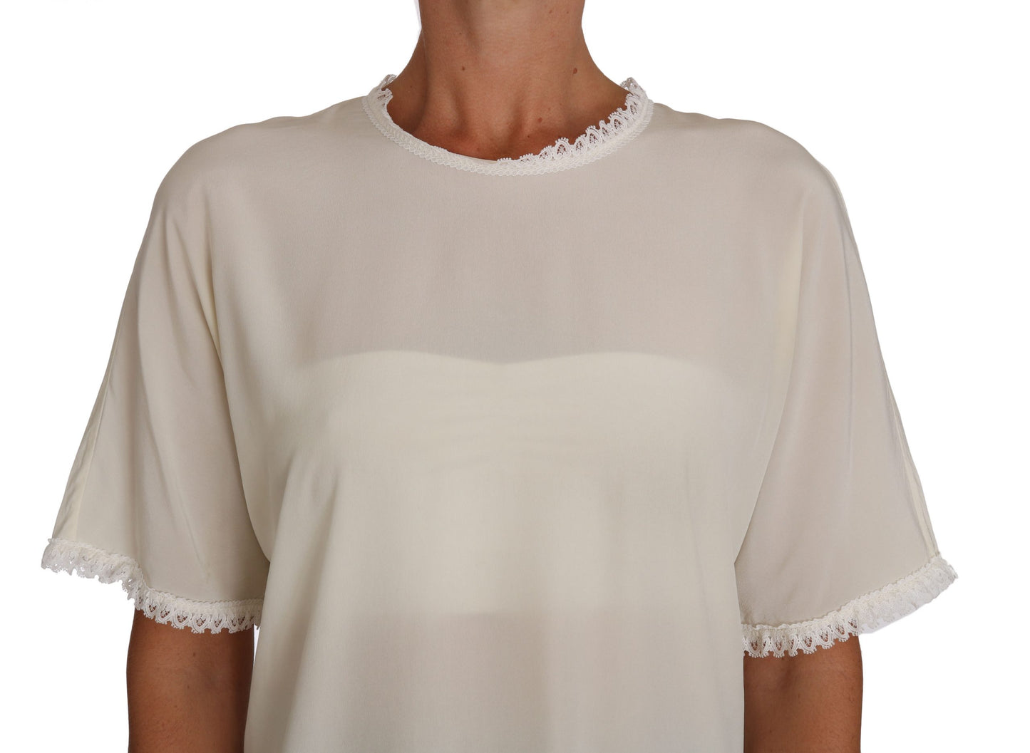 Dolce &amp; Gabbana T-shirt chemisier en dentelle de soie crème blanche