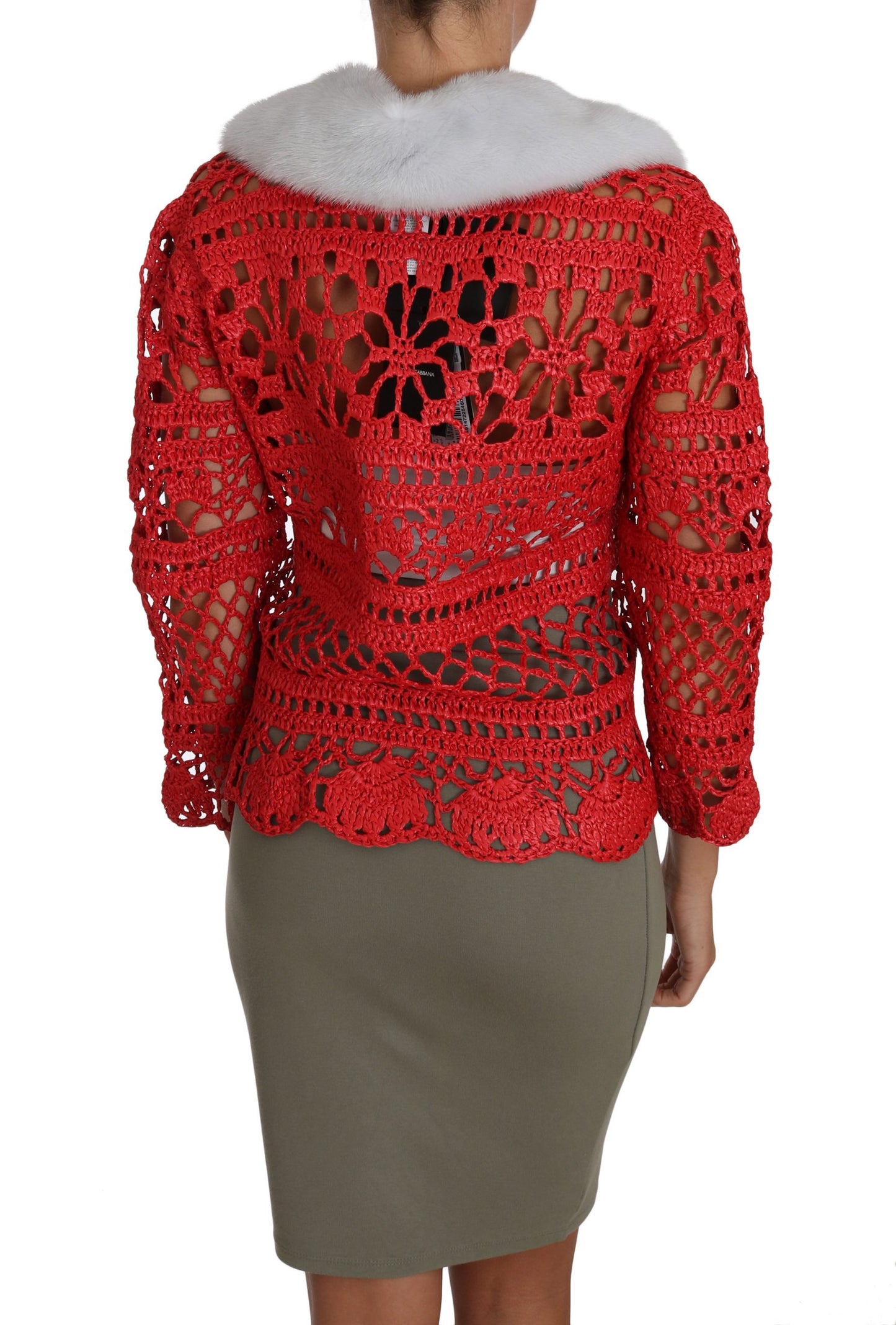 Dolce &amp; Gabbana Cardigan rouge en tricot de raphia au crochet