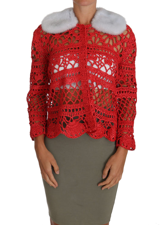 Dolce &amp; Gabbana Cardigan rouge en tricot de raphia au crochet