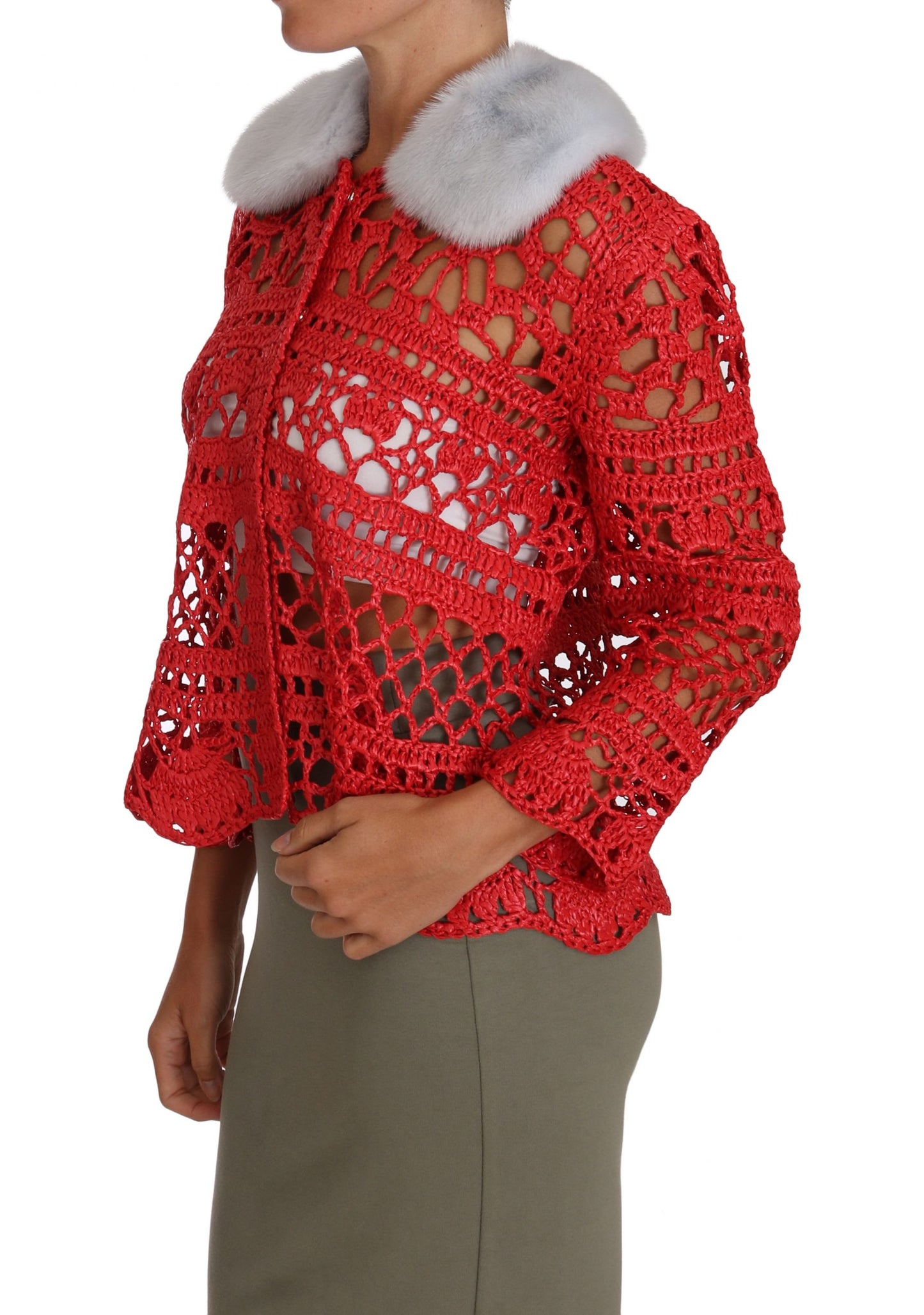 Dolce &amp; Gabbana Cardigan rouge en tricot de raphia au crochet