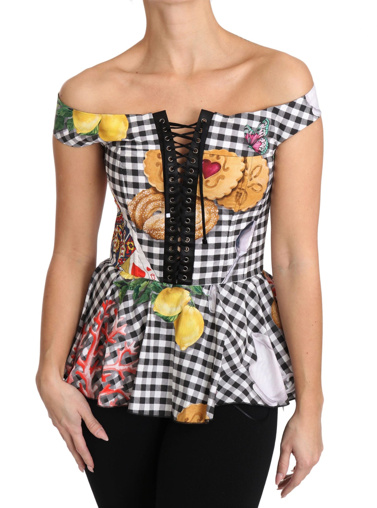 Dolce &amp; Gabbana Blouse corset noire et blanche Haut à carreaux citron Sicile