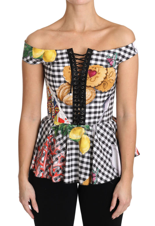 Dolce &amp; Gabbana Blouse corset noire et blanche Haut à carreaux citron Sicile