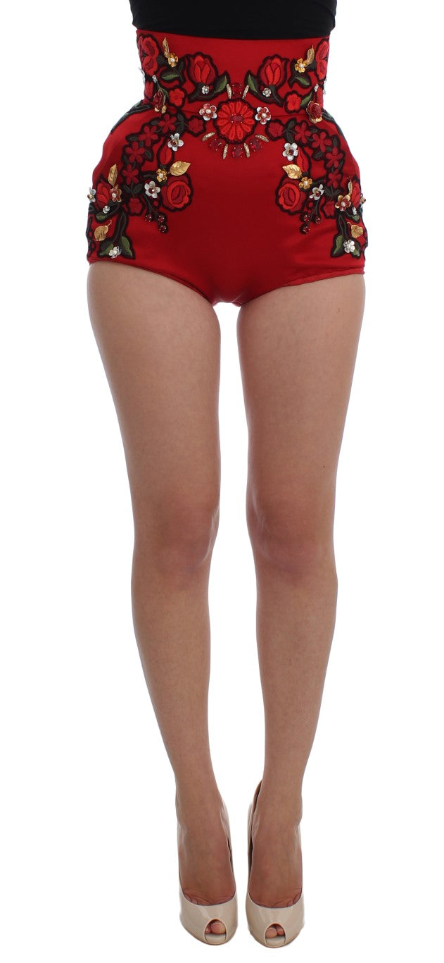 Dolce &amp; Gabbana Shorts aus roter Seide mit Kristallrosen 