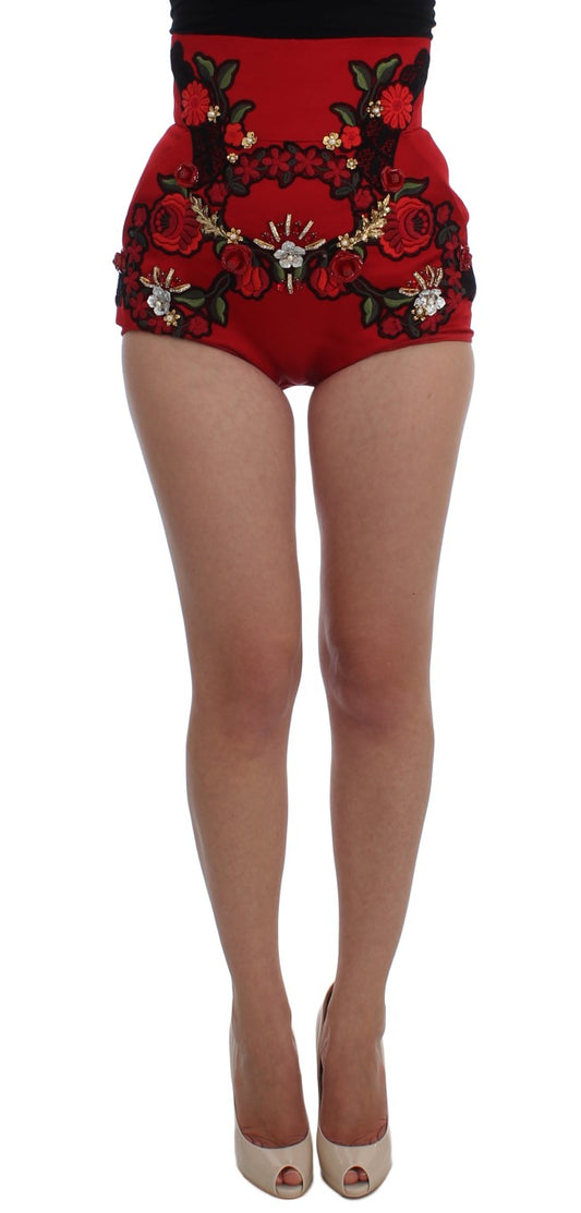 Dolce &amp; Gabbana Shorts aus roter Seide mit Kristallrosen 