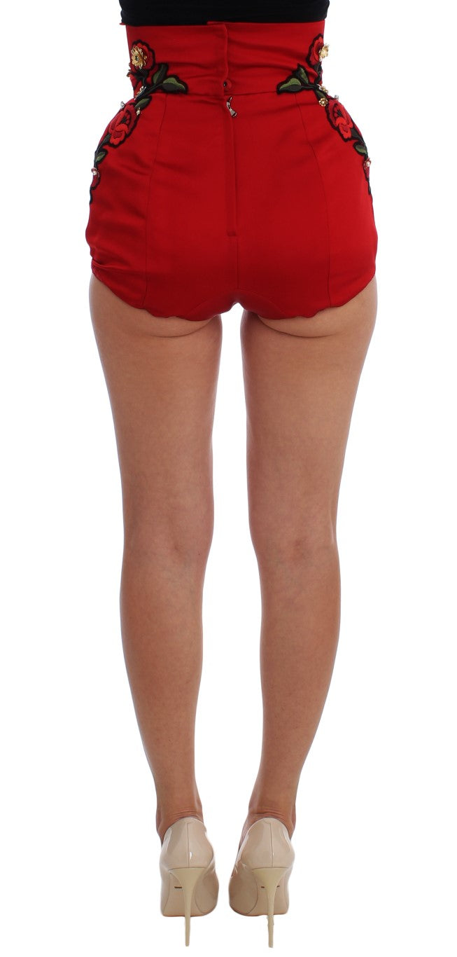 Dolce &amp; Gabbana Shorts aus roter Seide mit Kristallrosen 