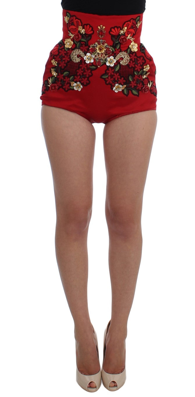 Dolce &amp; Gabbana Shorts aus roter Seide mit Kristallrosen 