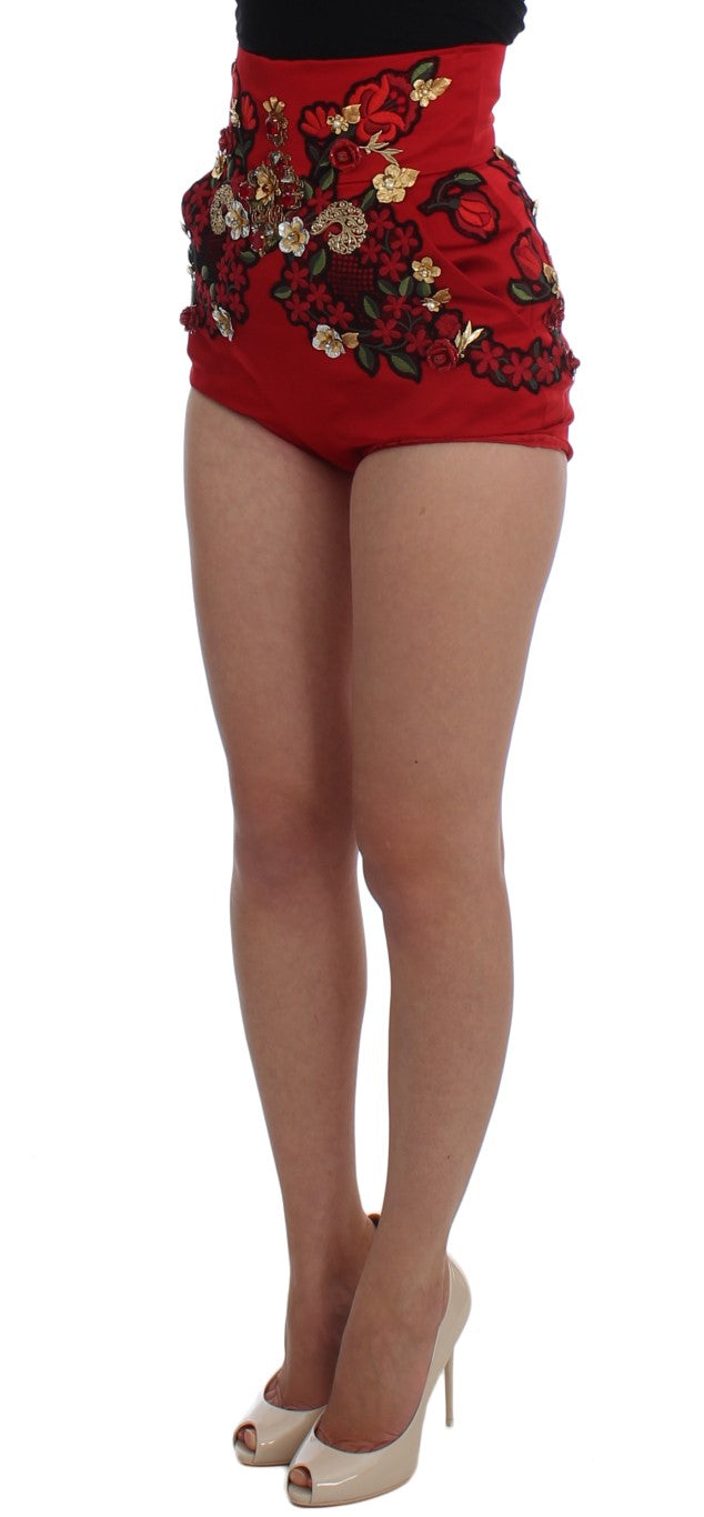 Dolce &amp; Gabbana Shorts aus roter Seide mit Kristallrosen 