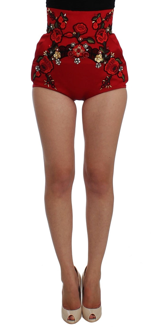 Dolce &amp; Gabbana Shorts aus roter Seide mit Kristallrosen 