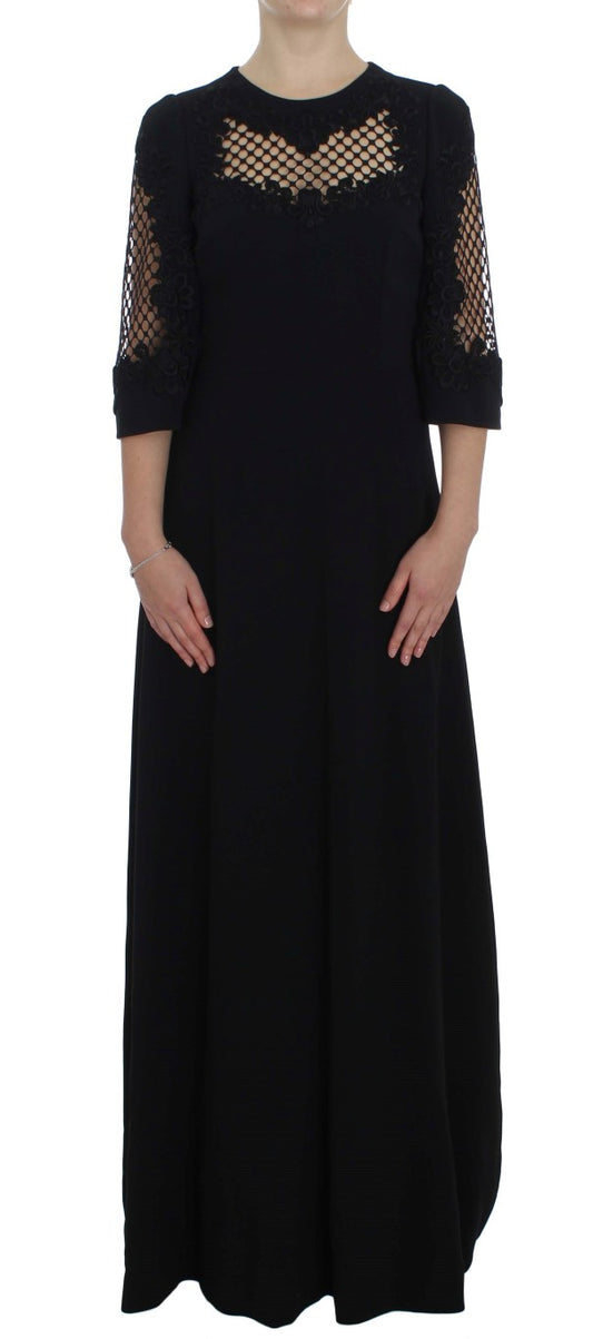 Dolce &amp; Gabbana Robe longue en laine stretch noire Ricamo