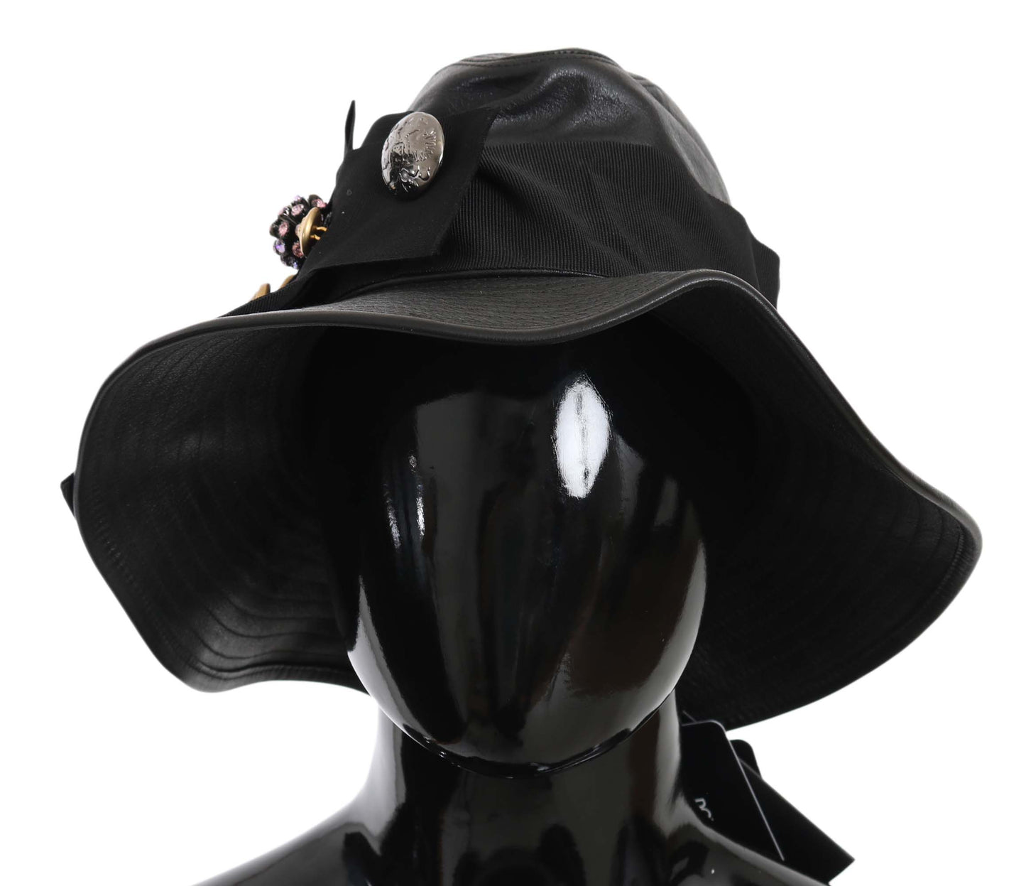 Dolce &amp; Gabbana Chapeau à large bord en cuir noir DG Coin Crystal