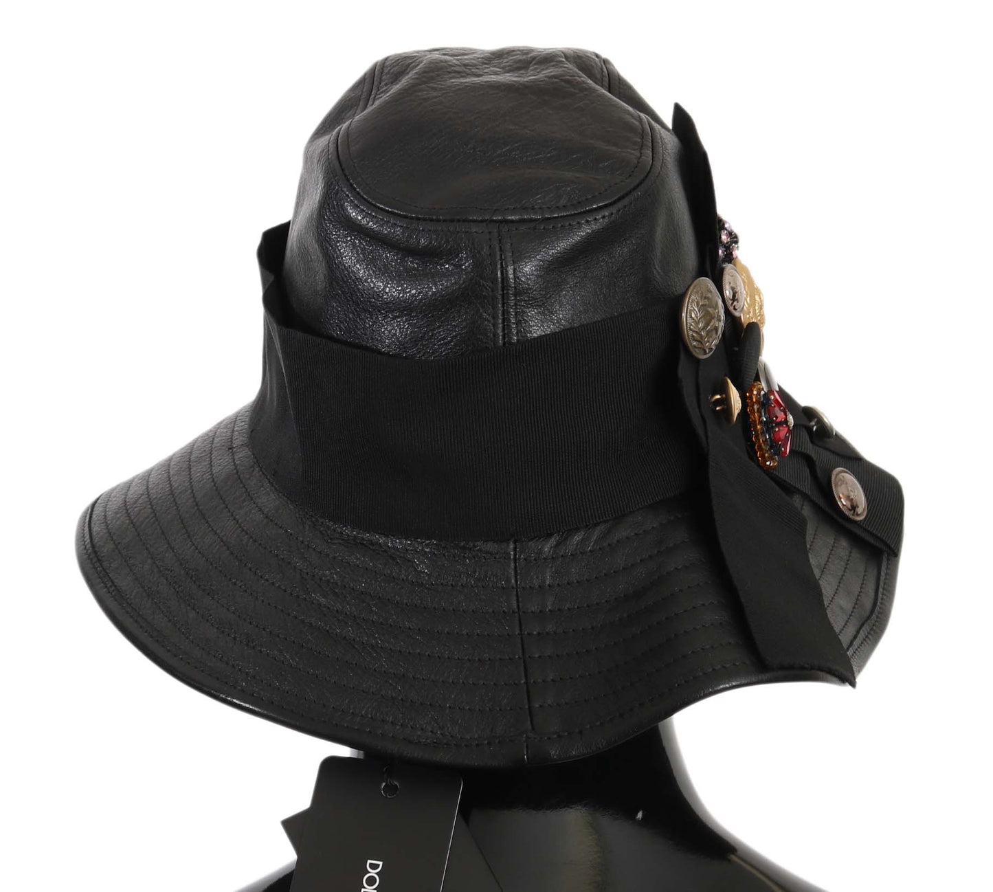 Dolce &amp; Gabbana Chapeau à large bord en cuir noir DG Coin Crystal