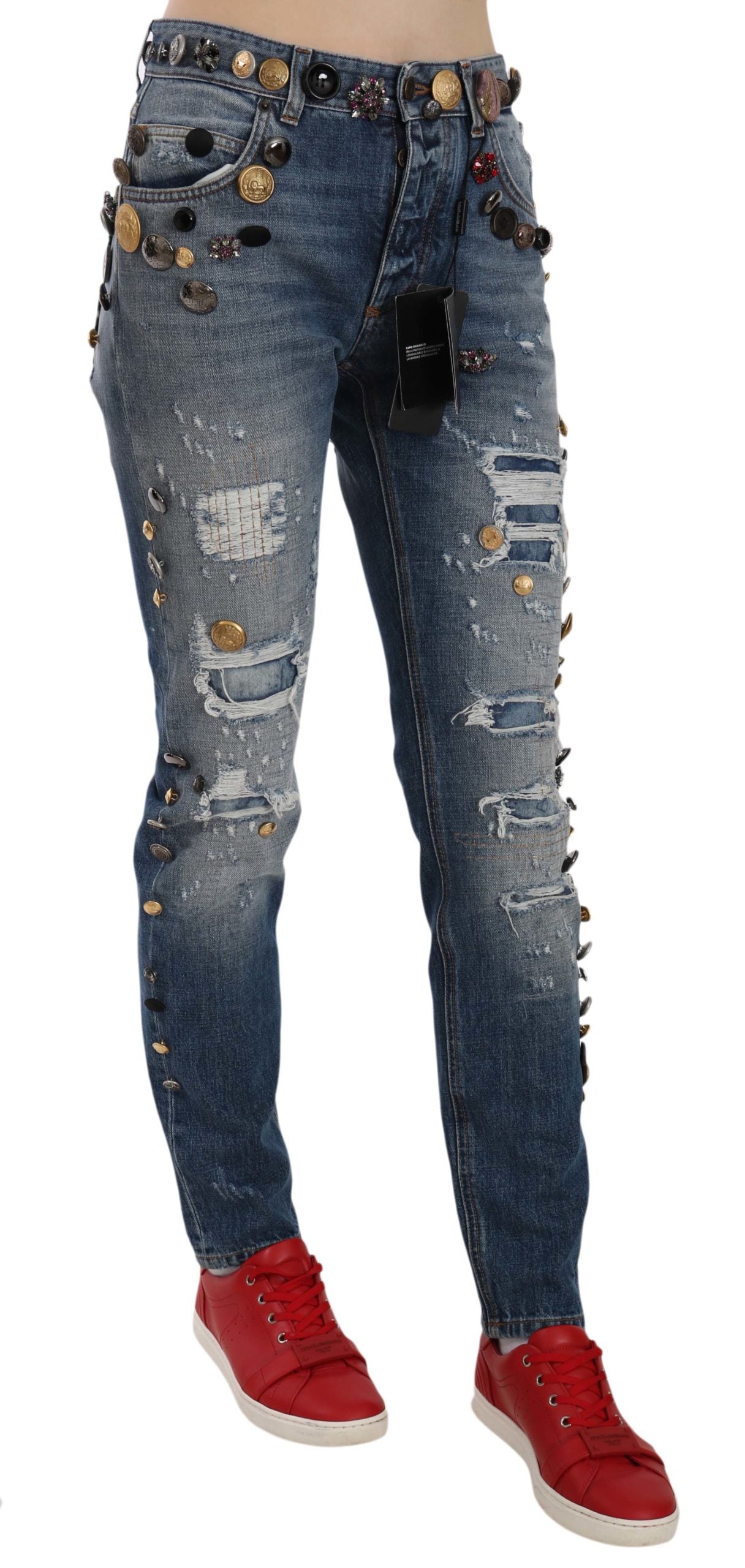 Dolce &amp; Gabbana Distressed Denim-Hosen mit verzierten Knöpfen