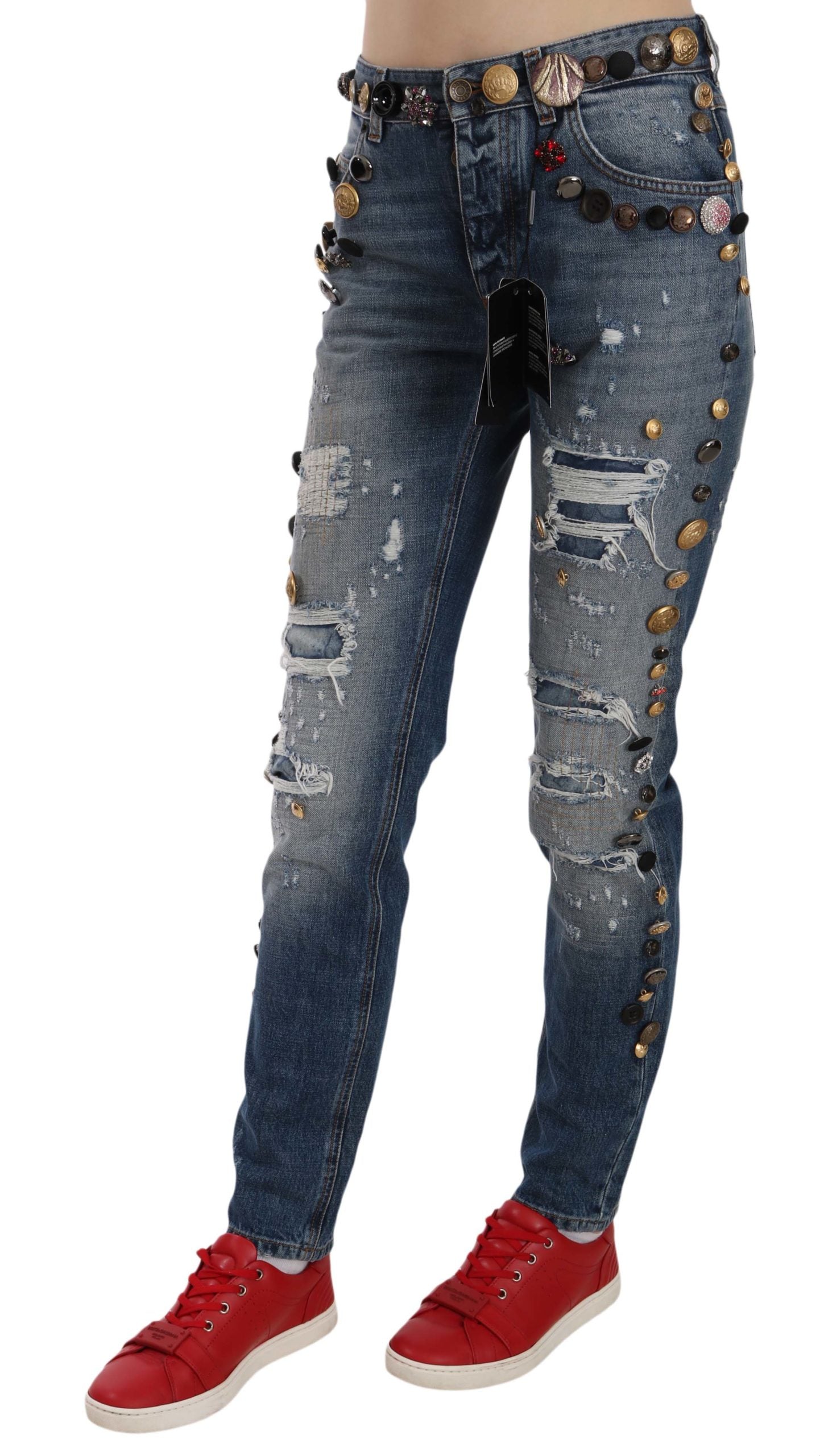 Dolce &amp; Gabbana Distressed Denim-Hosen mit verzierten Knöpfen